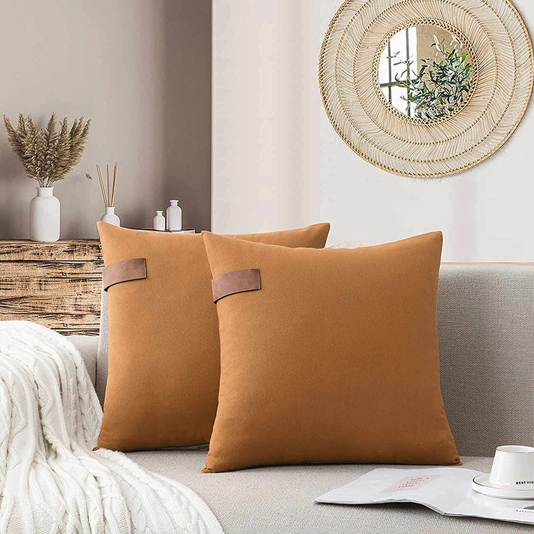 Cotton Pillow with Leather Strap Accent